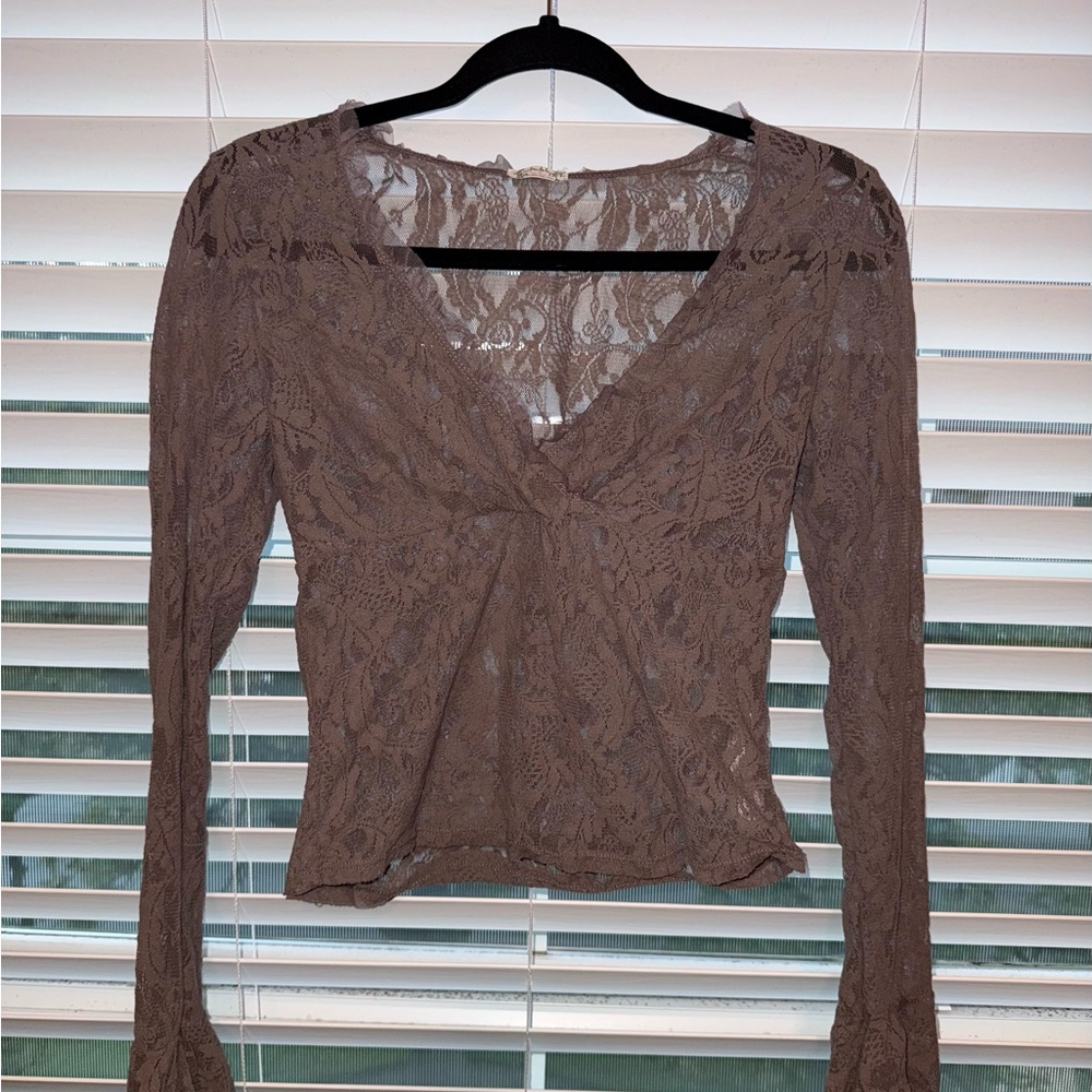 Free People Intimately Muted Mauve Lace Top with Long Frilly Sleeves